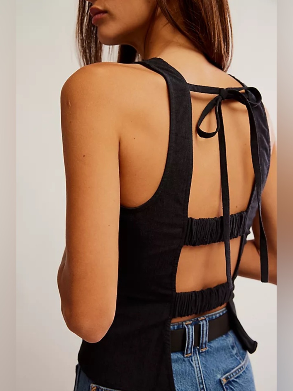 Free People Kaylor Backless Top Black Peplum Tank Cutout Tie-Back Linen Blend